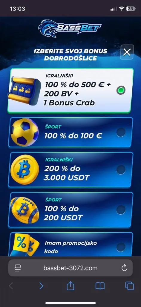 BassBet mobilni zaslon 1