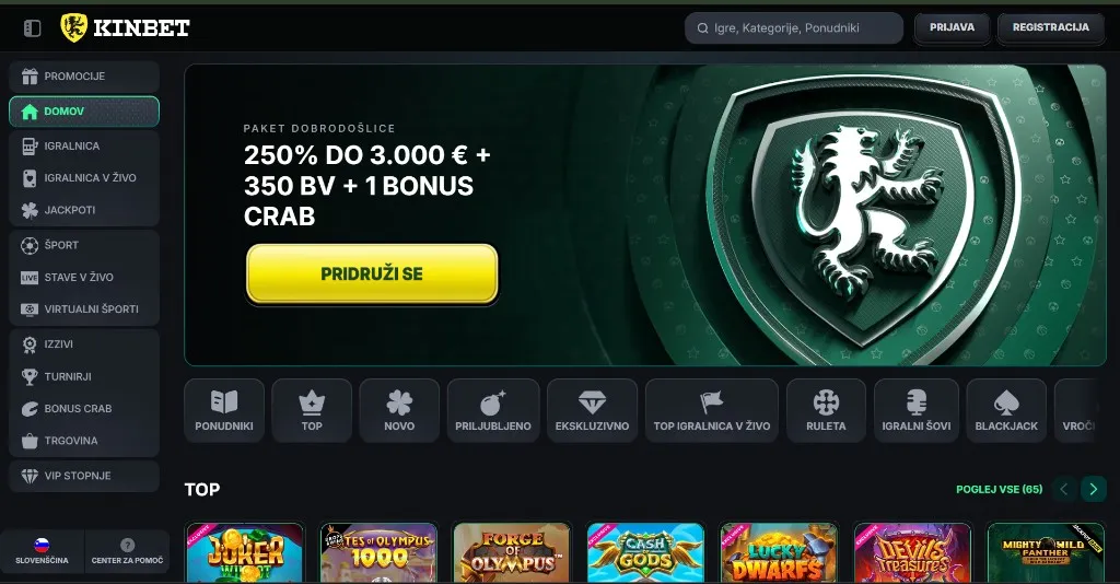 Kinbet namizni zaslon domače strani