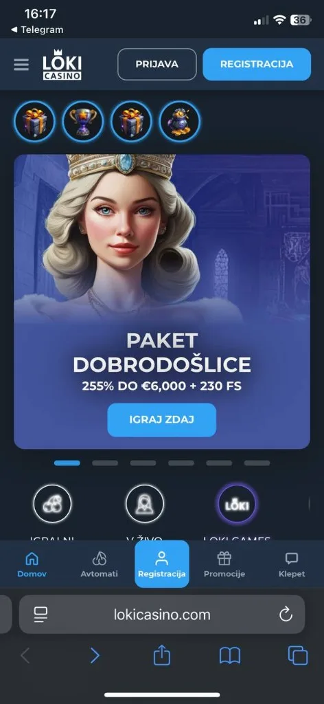 Loki Casino mobilni zaslon 1